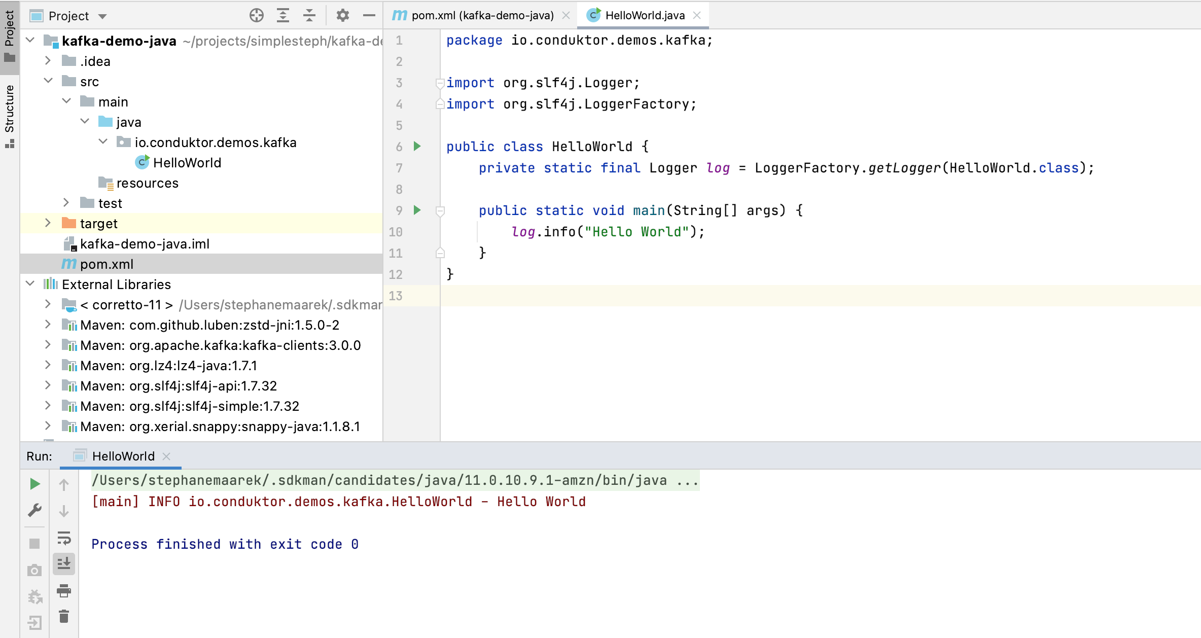 Screenshot from IntelliJ showing that we have created a sample Kafka Maven Java project that includes all required dependencies. 