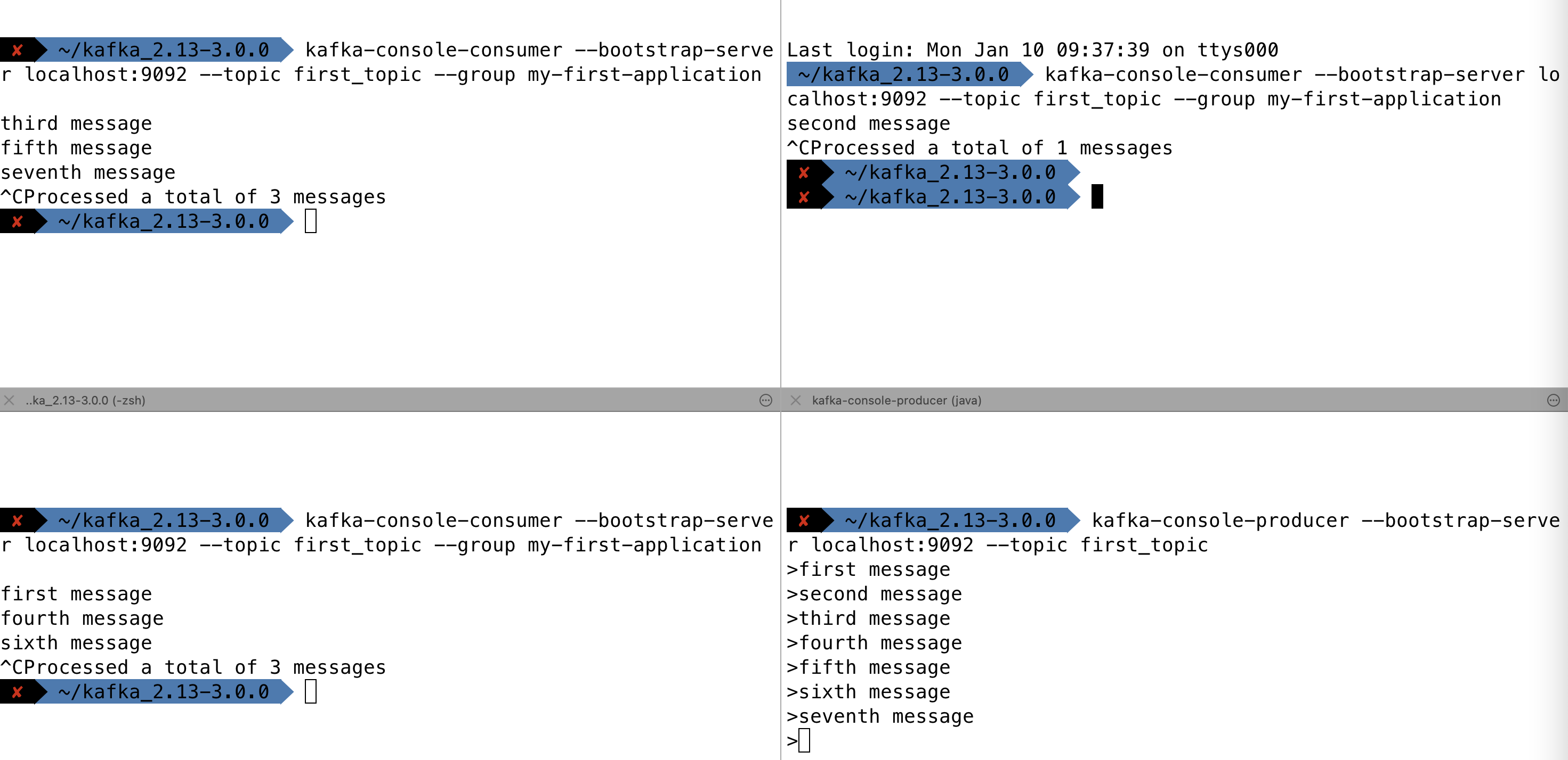 Screenshot showing all consumers within the Kafka consumer group stopped. Prducer still sending messages to topic. Upon restart of a consumer in the group, the consumer will read from the latest committed offsets and read only the messages you've just produced