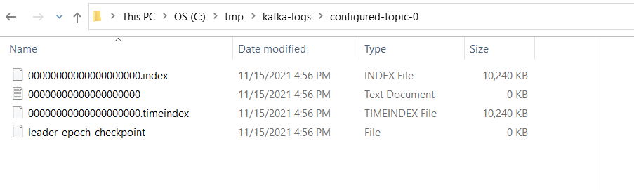 Kafka Internals Screenshot showing Kafka Logs in Windows and the two types of Index, timestamp and offset, for a segment within a Kafka Topic Partition.