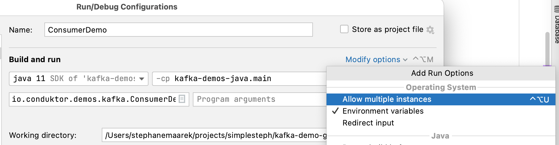 Example of the dialog used to edit your complete Kafka Consumer configurations in Java taken from Intellij