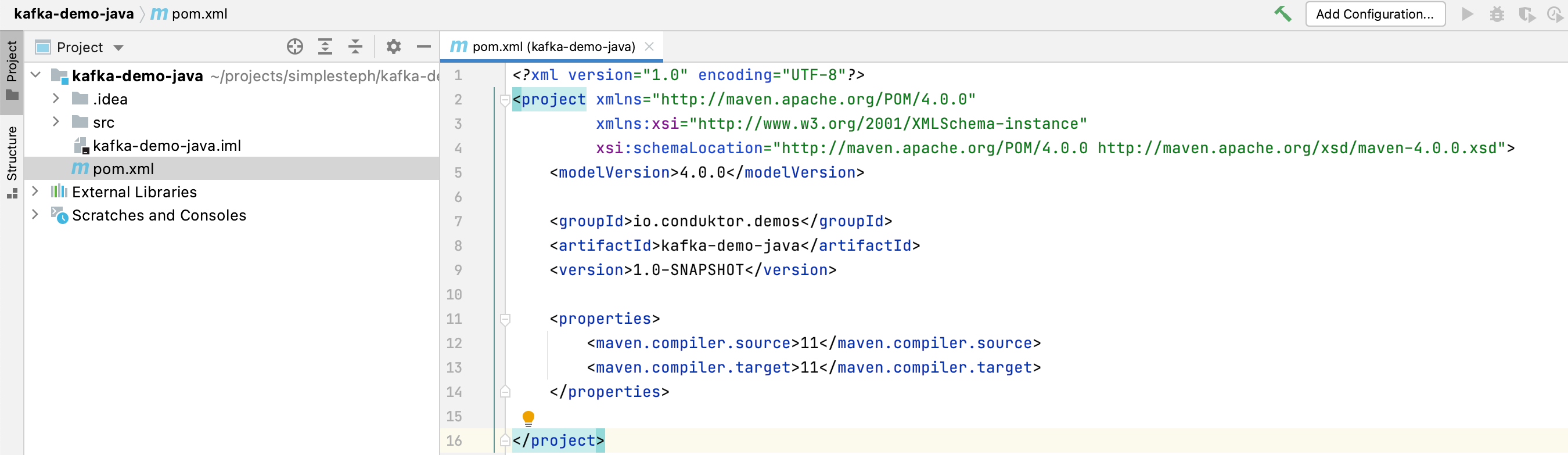 Defining the dependencies for Kafka Maven Client project in pom.xl xml file screenshot.