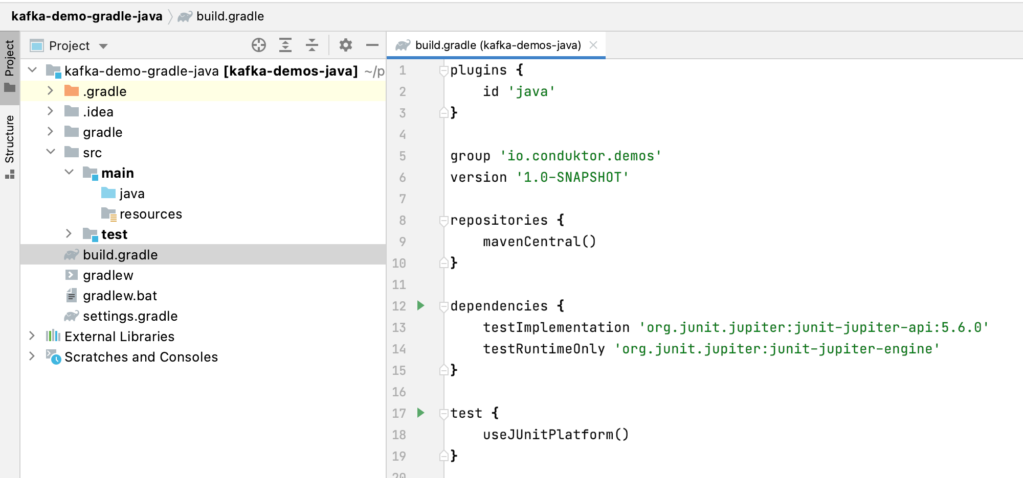Screenshot showing how to dfine dependencies for your Kafka project in Gradle.
