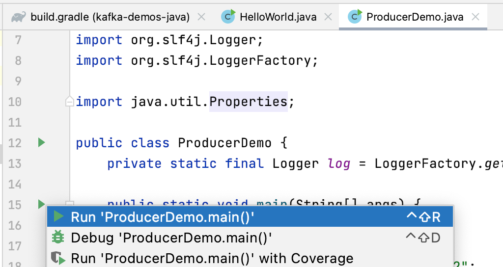 Screenshot from IntelliJ showing how to run the complete Kafka producer that we have programmed in Java.