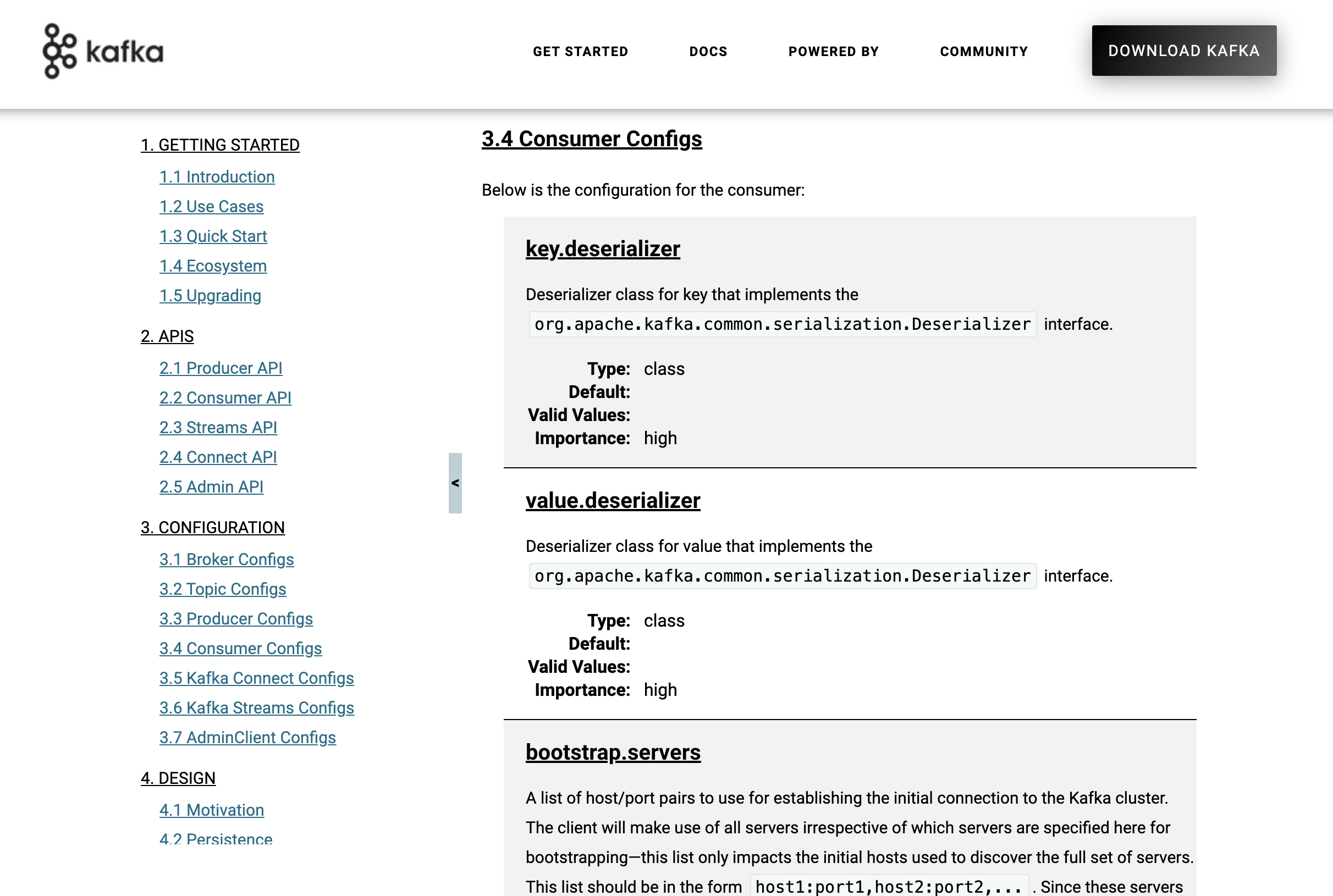 Screenshot showiong Kafka Consumer properties and configurations from apache.kafka.org