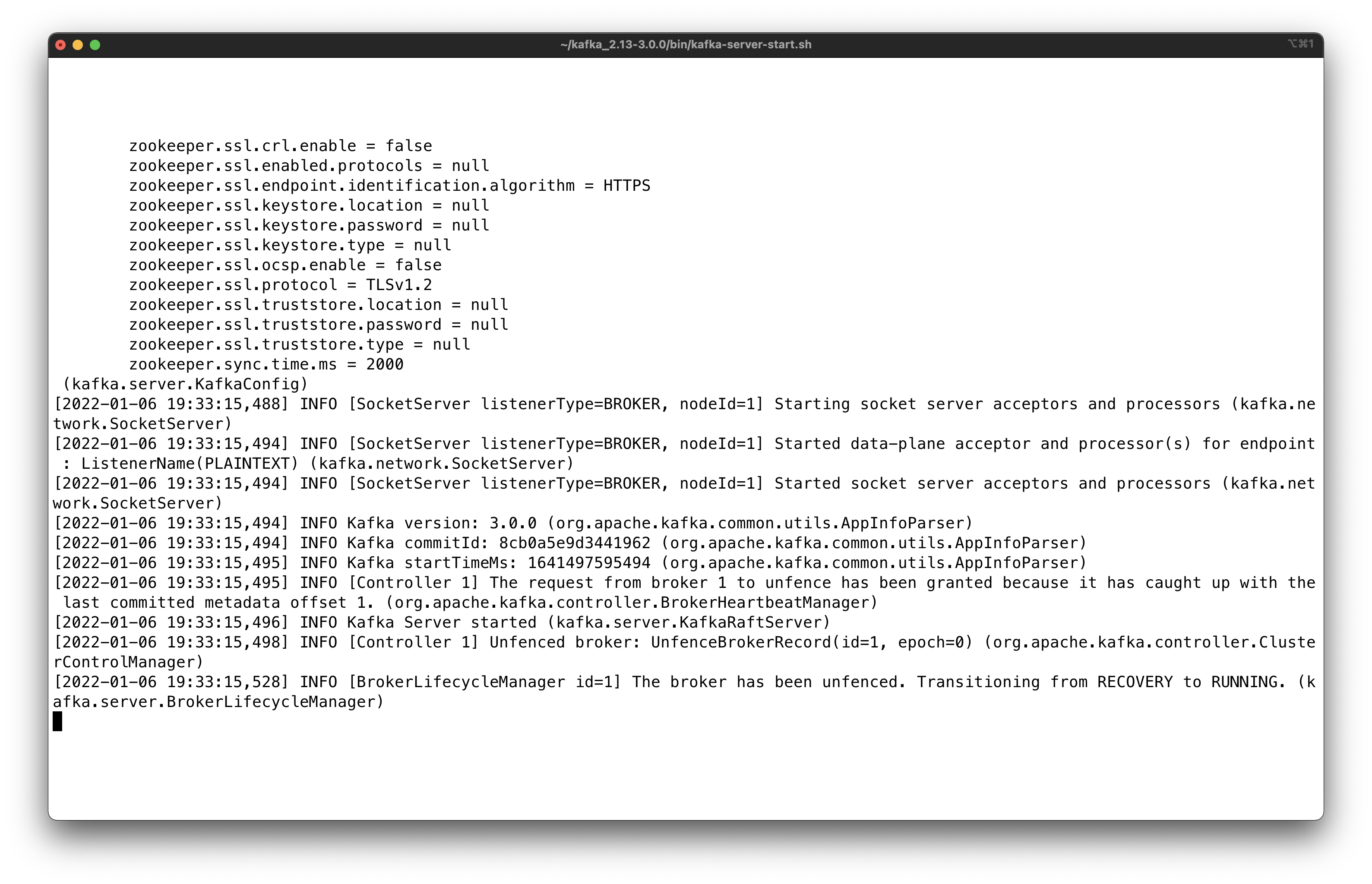 Screenshot of Terminal text showing how to start Zookeeper for Apache Kafka when installing