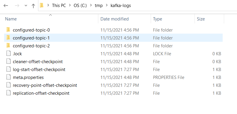 Kafka Storage Windows Screenshot showing where Kafka stores logs such as log.dirs and how the data is structure in Topic and Segment folders.