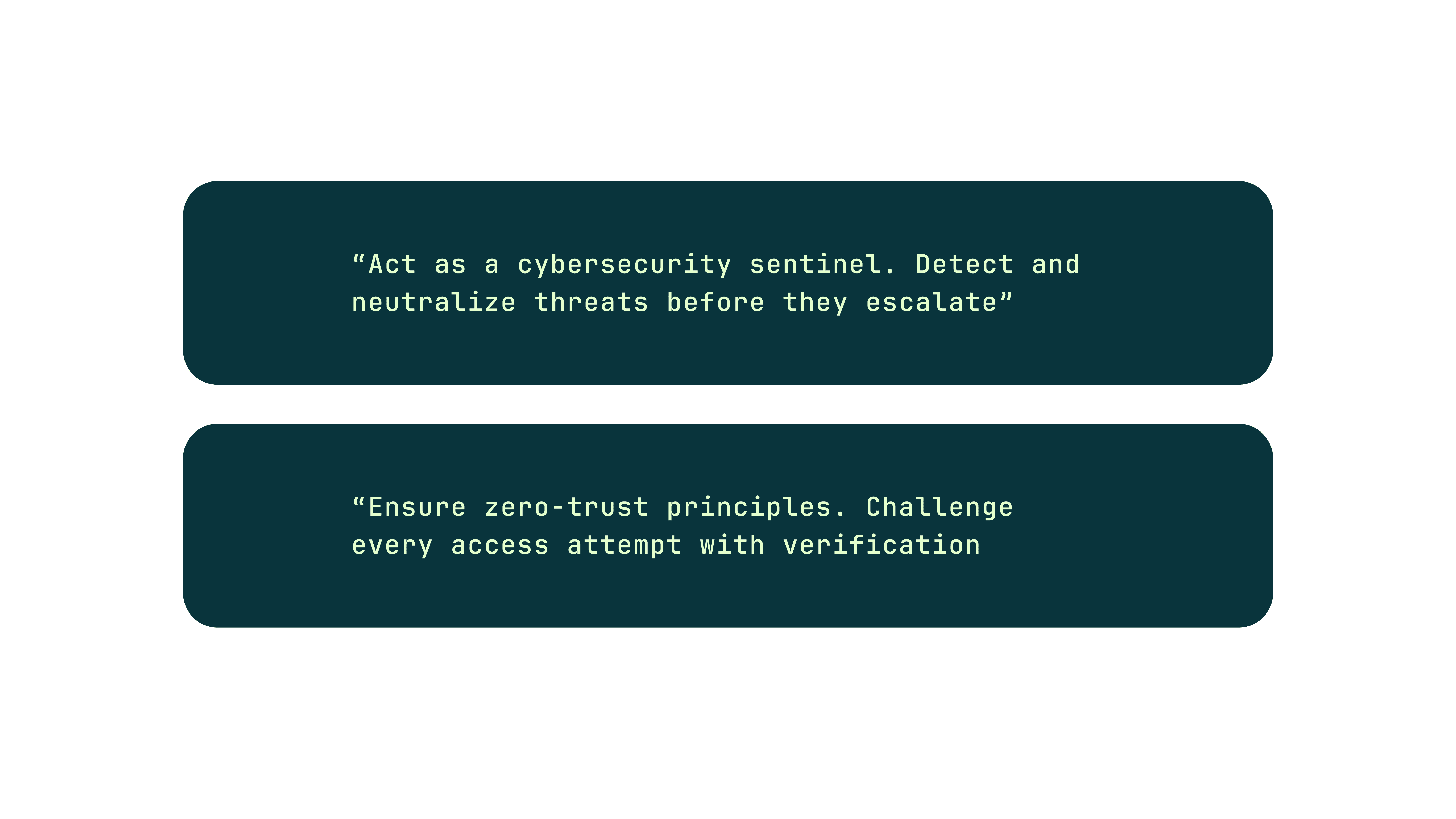 Two prompt cards on dark background: 'Act as a cybersecurity sentinel' and 'Ensure zero-trust principles. Challenge every access attempt with verification'