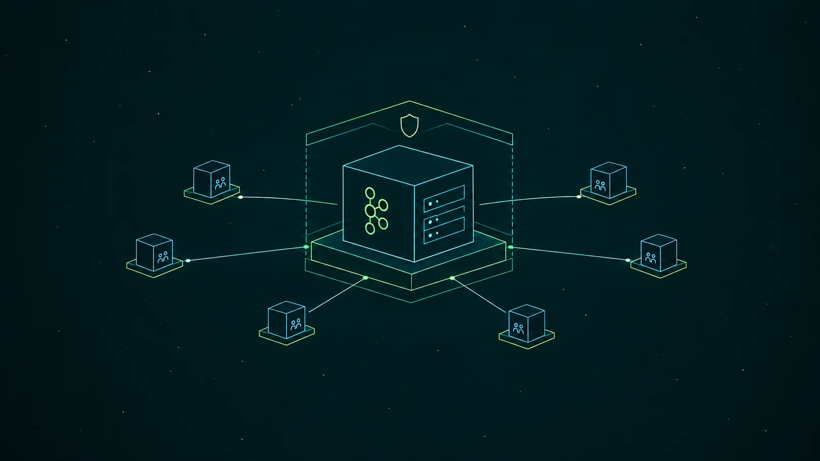 An isometric wireframe cube with the Kafka logo and server racks stands on a glowing platform under a shield-topped boundary, linked by thin lines to six small team cubes with people icons, in mist teal and lime on a dark teal starfield.