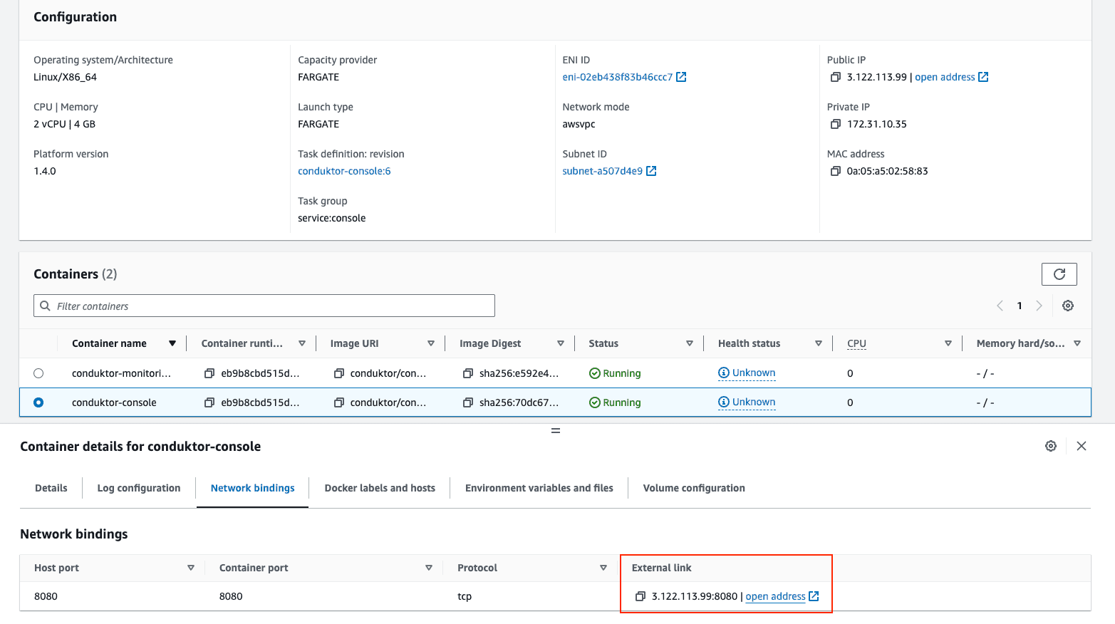 AWS ECS task screen showing the Conduktor Console network bindings to reach the running console