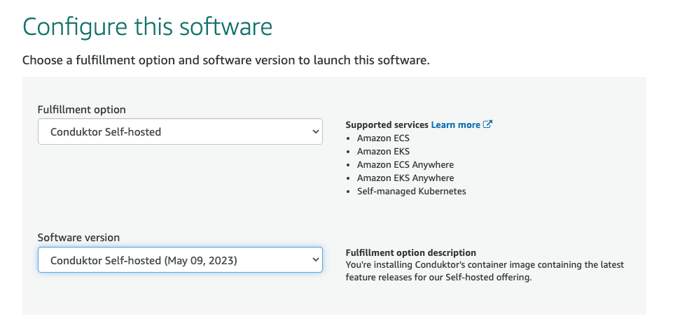 AWS Marketplace fulfillment step for the Conduktor subscription, showing terms acceptance and configuration options