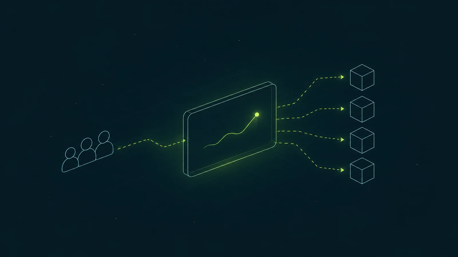 Wireframe consumer icons feeding a glowing monitoring screen with a rising lag curve, which fans out along dashed paths to four data-packet cubes, on a dark teal background