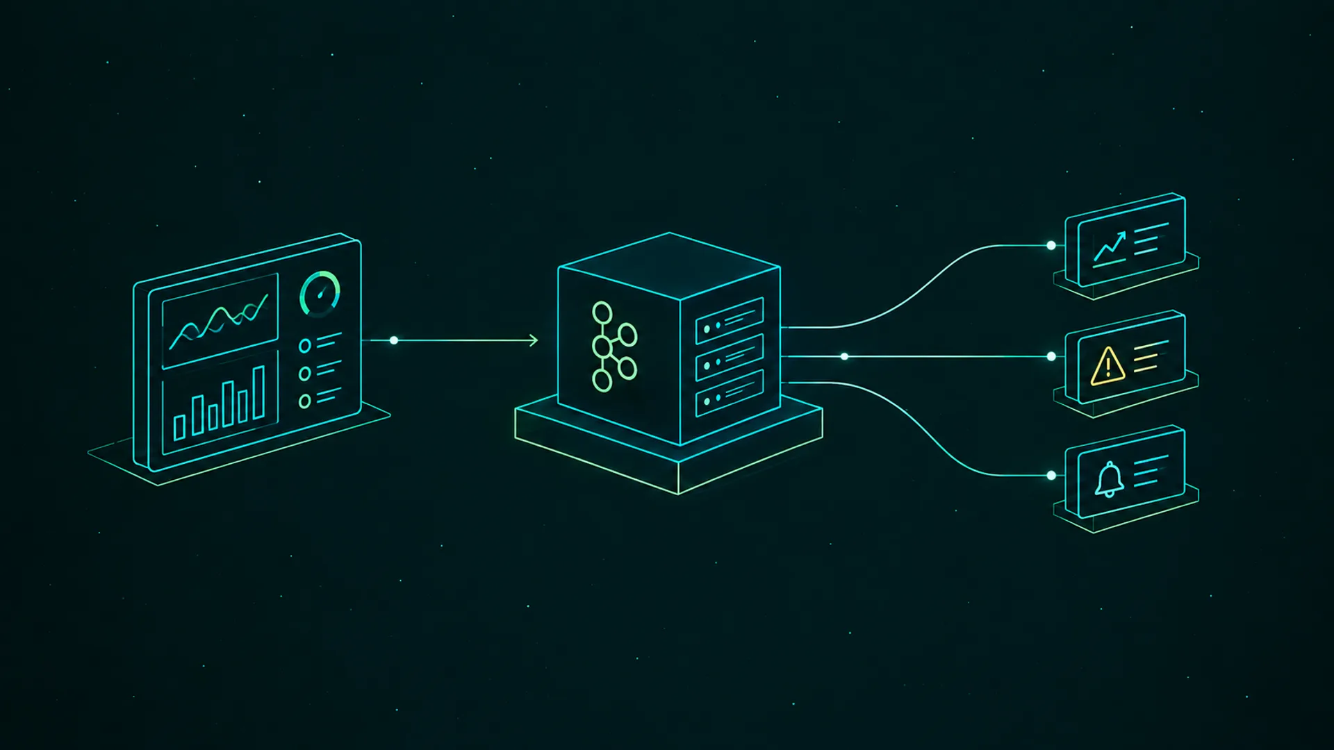 Line drawing on dark teal of a metrics dashboard feeding a Kafka server block, which fans out to three panels: a trend chart, a warning triangle and an alert bell, in teal and lime.