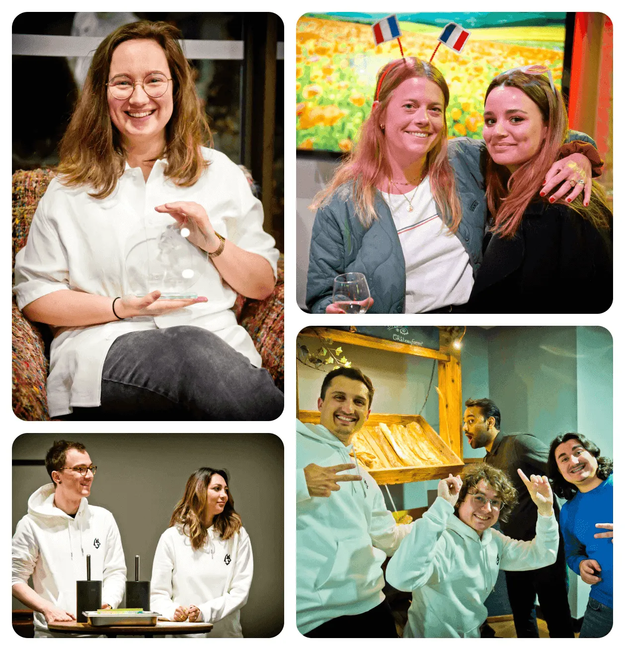 Photo collage of Conduktor team members at the offsite: award winner, colleagues celebrating, and group moments