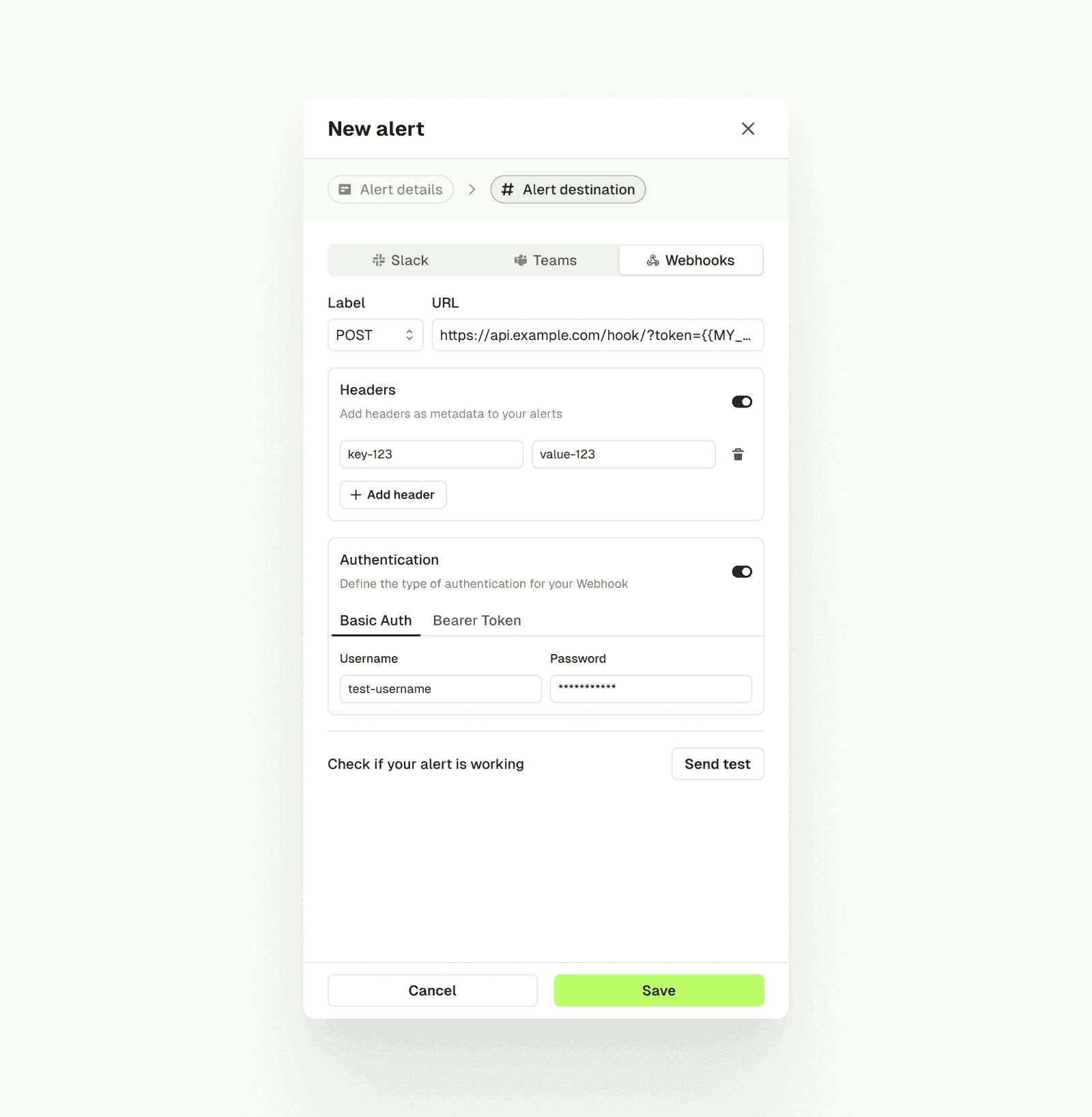 Conduktor alert destination picker: Slack, Microsoft Teams or Webhook with channel parameters and authentication fields
