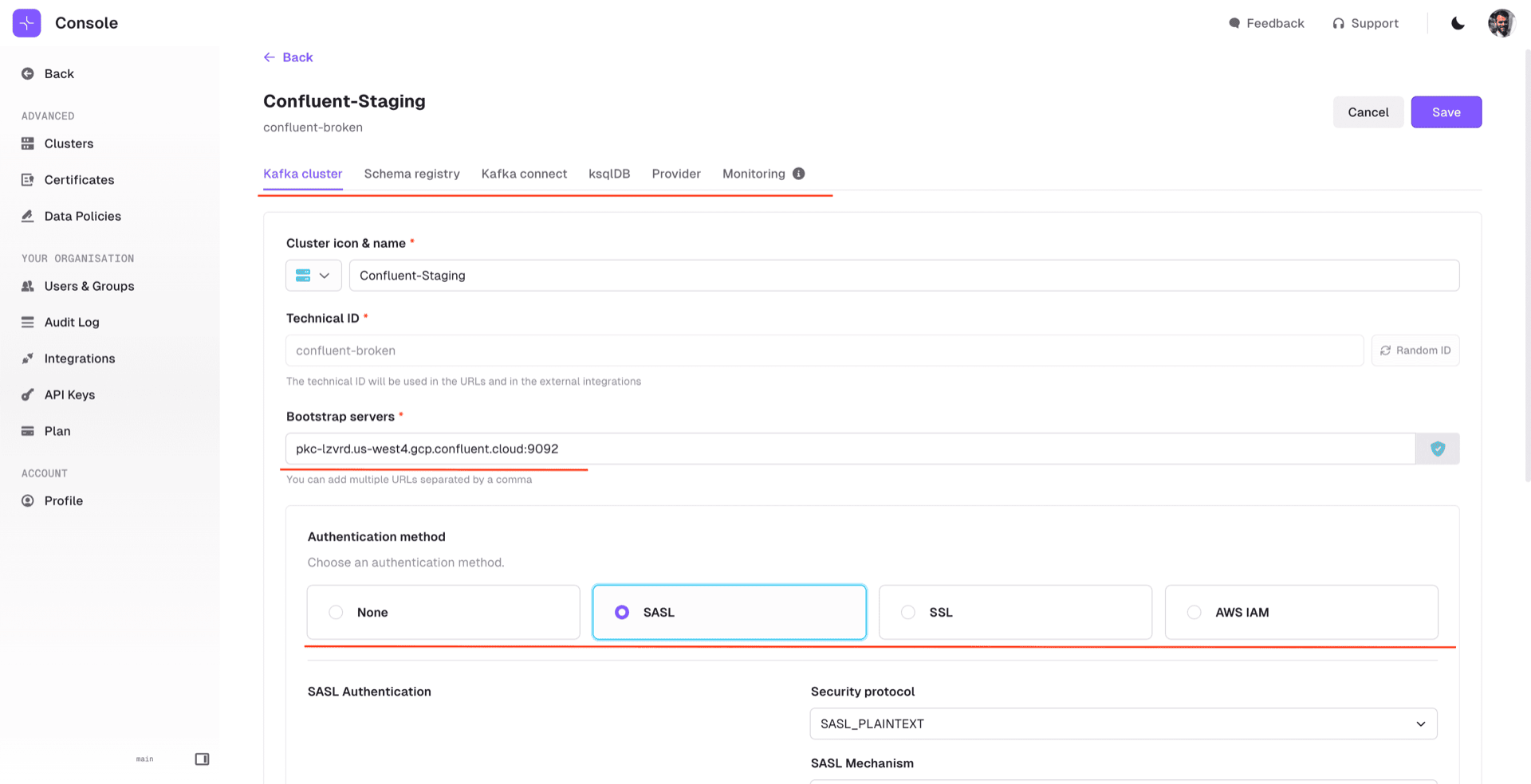 Conduktor Console cluster configuration: bootstrap server, authentication and tabs for Schema Registry, Kafka Connect and ksqlDB
