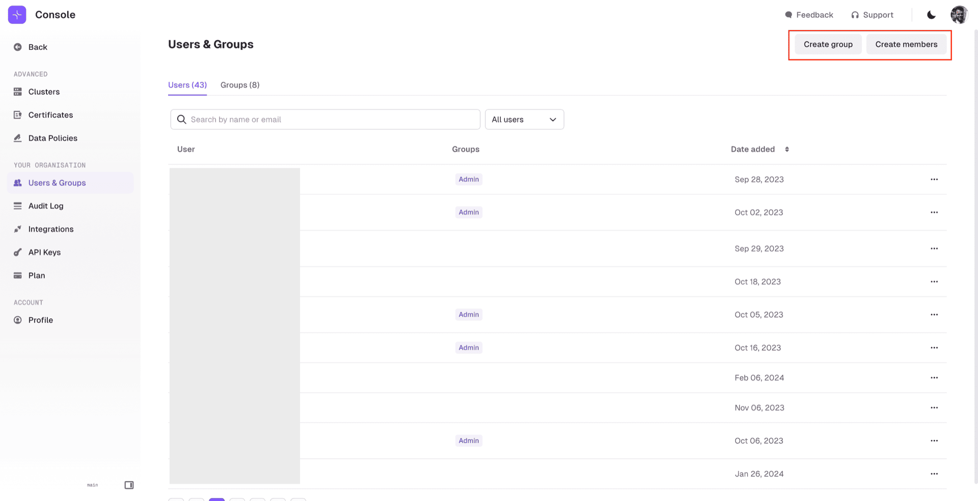 Conduktor Console Users and Groups screen with SSO (LDAP, OIDC) and basic auth options
