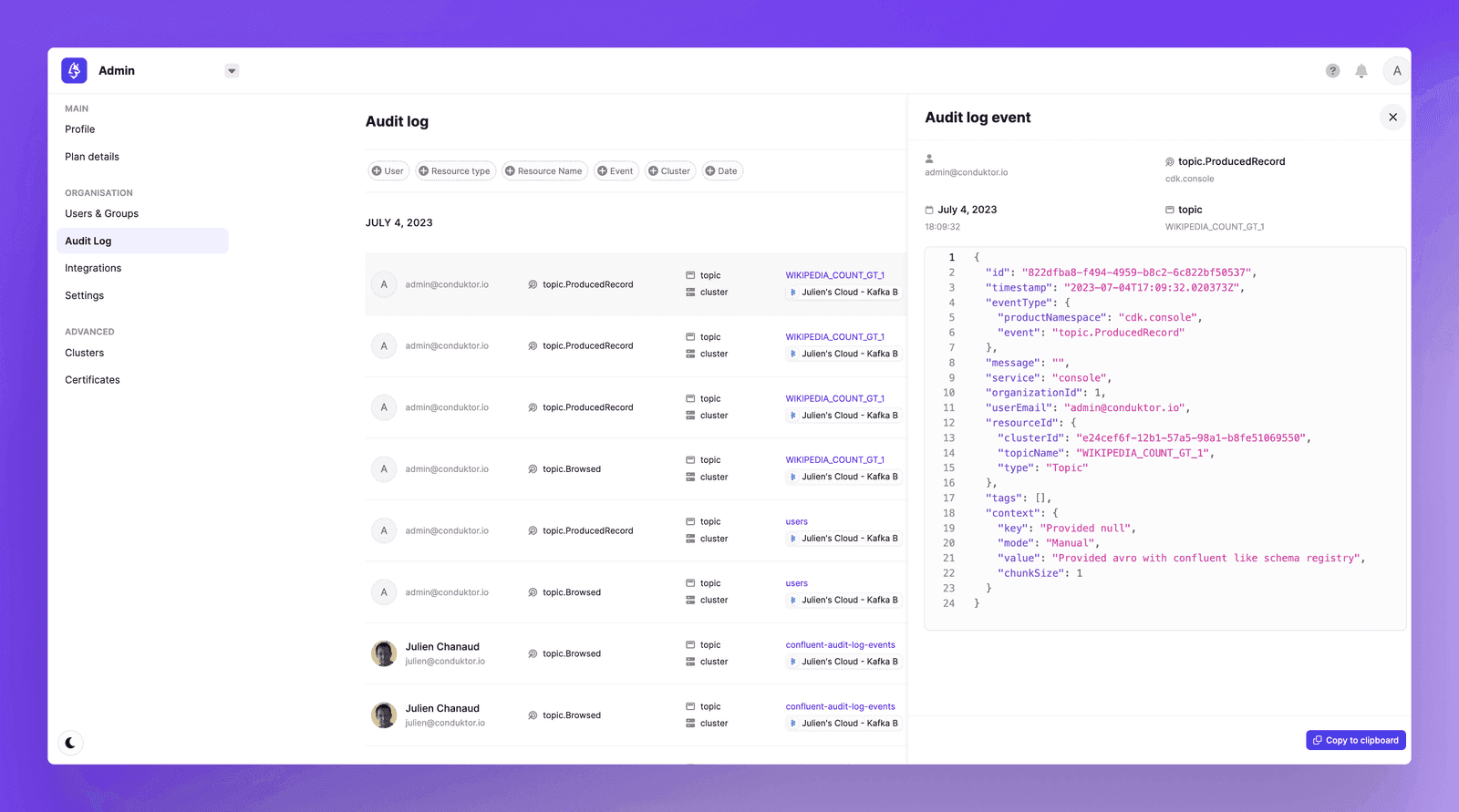 Conduktor Console audit log table listing user actions, affected resources and timestamps for governance and compliance