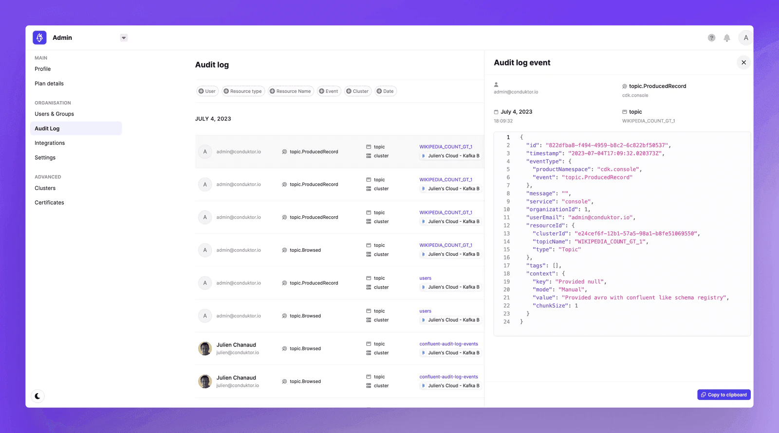 Conduktor Console audit log table listing user actions, affected resources and timestamps for governance and compliance