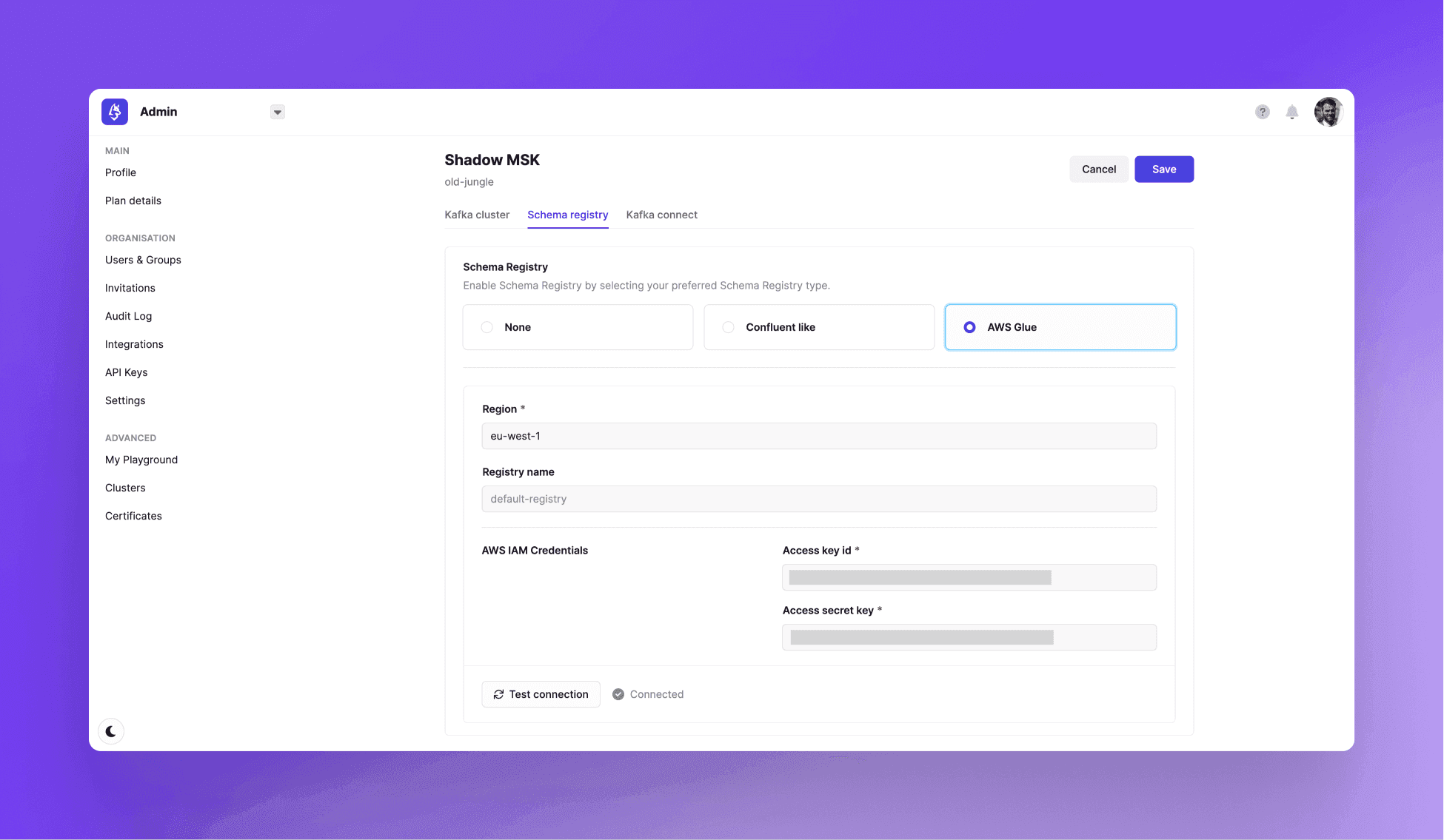 Conduktor Console AWS integration view: managing MSK clusters and AWS Glue Schema Registry from one UI
