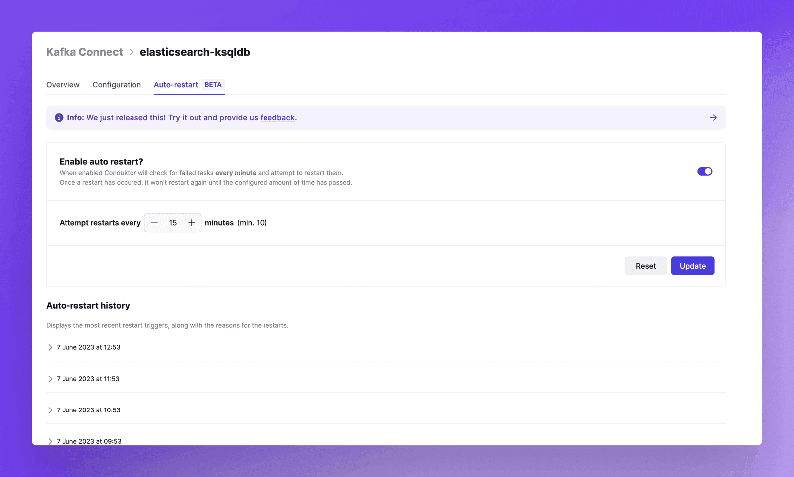 Conduktor Console Kafka Connect view: automatically restarting failed Debezium, JDBC and Elasticsearch connectors