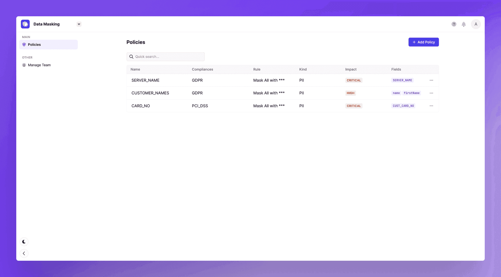 Conduktor Console field-level masking policy: email, address and credit card fields obscured for Team A in production