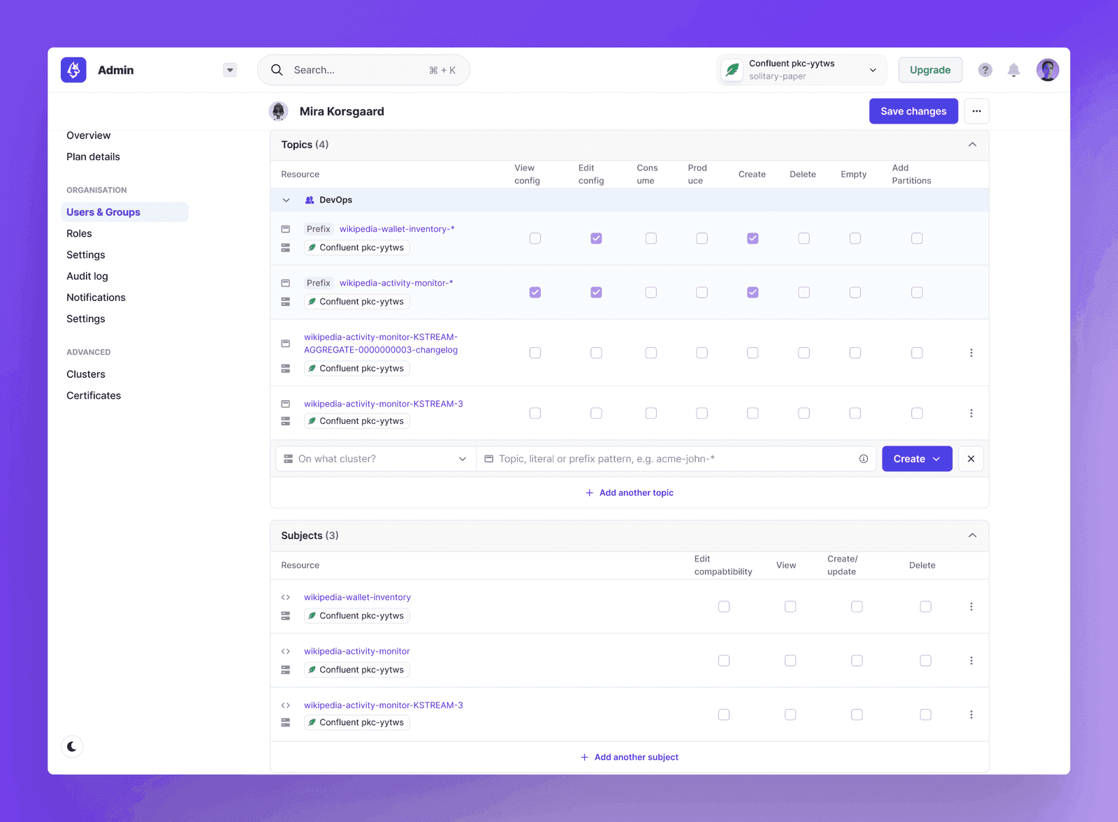 Conduktor Console granular RBAC editor: permissions on clusters, topics, subjects, consumer groups and connectors per user/group