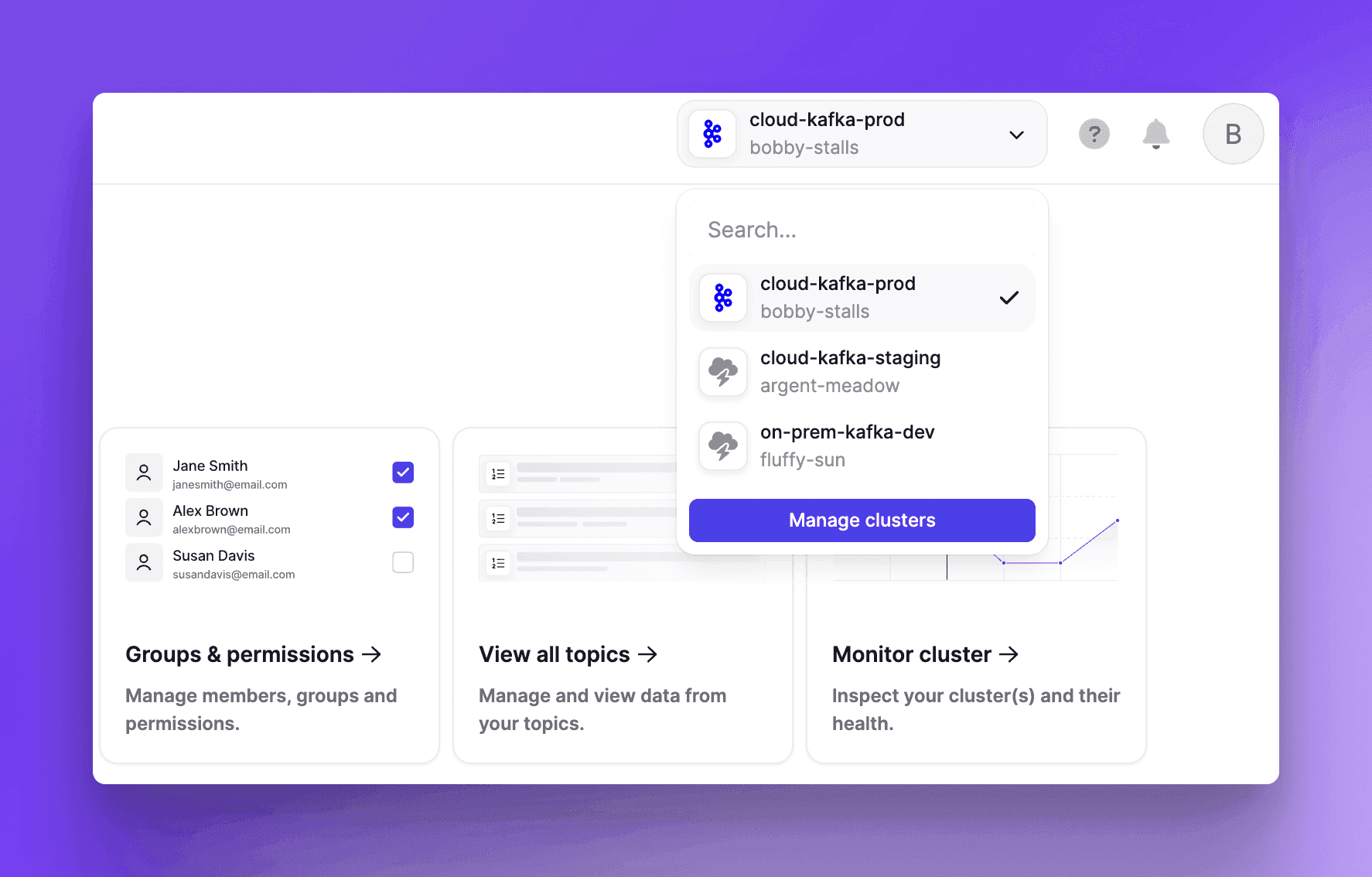 Conduktor Console UI with browser tabs open on multiple Kafka clusters at once for easy switching