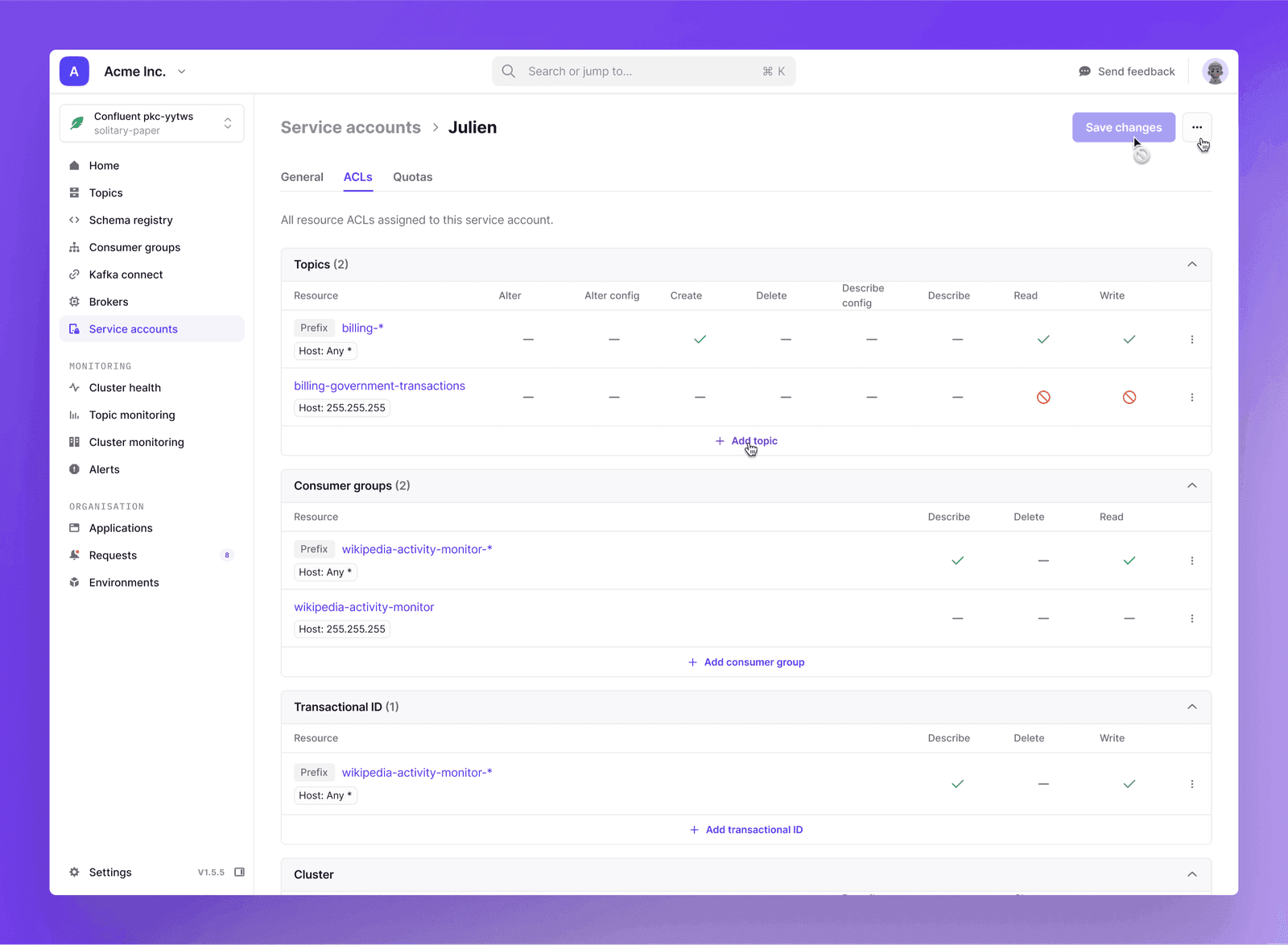 Conduktor Console Service Accounts view consolidating ACLs and quotas for applications across Kafka clusters