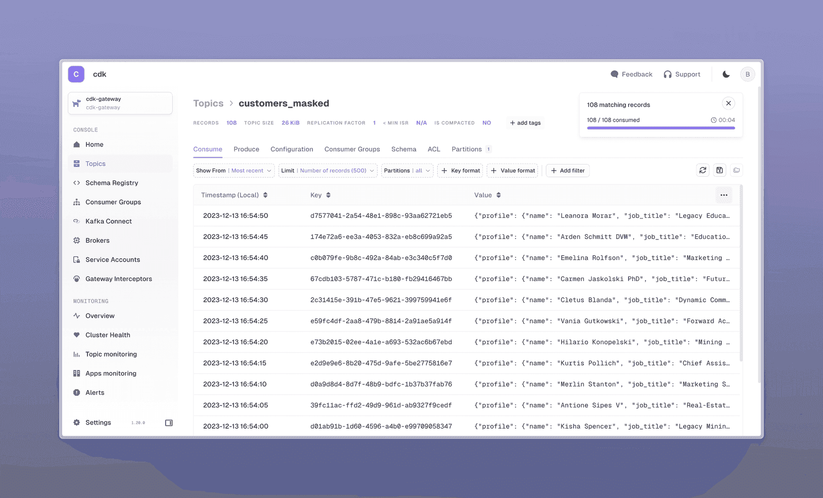 Conduktor Console showing the customers_masked topic record with email, credit card and phone fields hidden