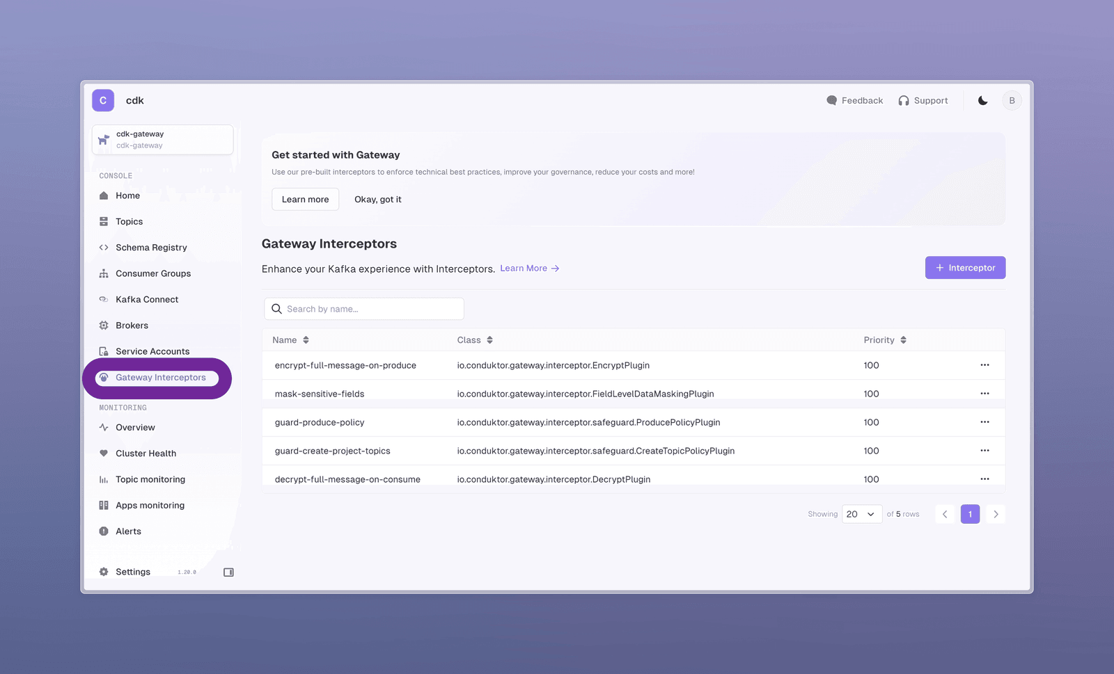Conduktor Gateway Interceptors page listing the pre-configured Encrypt on Produce, Decrypt on Consume and Field-level Masking interceptors
