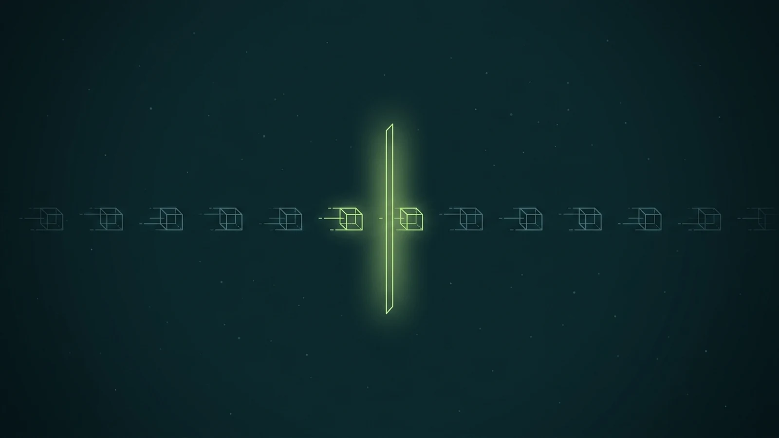 Wireframe line-art on dark teal: a single horizontal lane of data-packet cubes streams left to right with faint dashed motion trails and passes through one lime-lit vertical gate at center, which illuminates the cubes crossing it, like a timing gate clocking the flow.