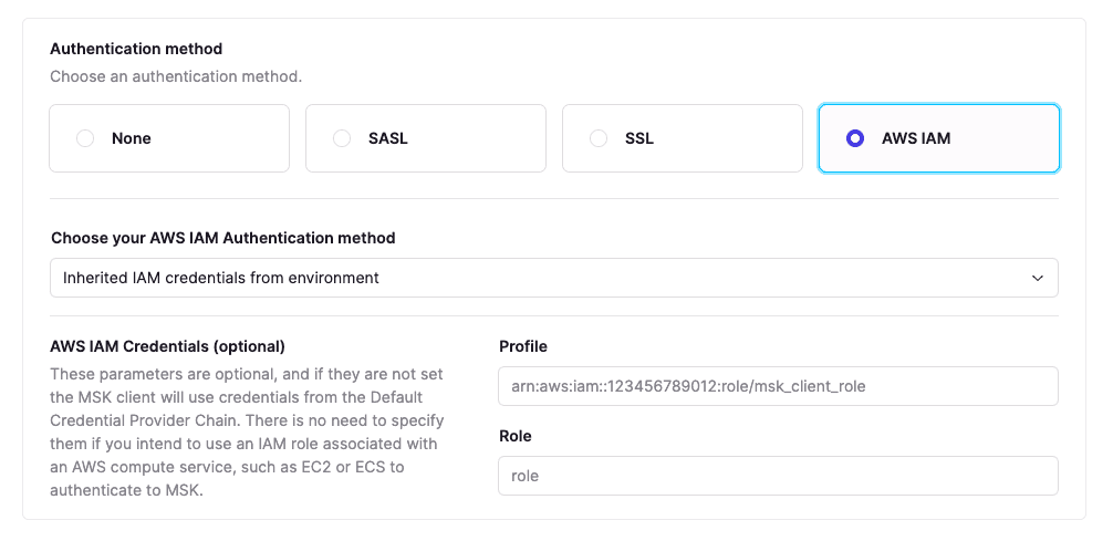 Conduktor cluster configuration screen: connecting to AWS MSK using inherited IAM roles from the AWS Default Credentials Provider Chain