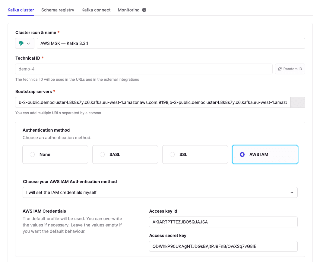 Conduktor cluster configuration screen: connecting to AWS MSK with dedicated IAM credentials using AWS_MSK_IAM SASL