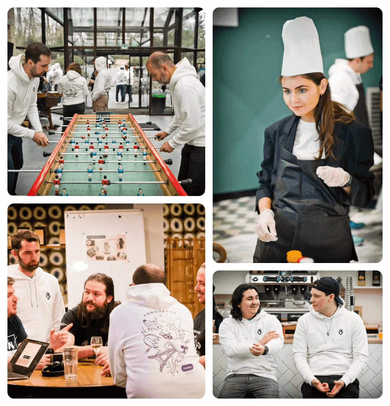 Conduktor offsite activities collage: foosball game, cooking challenge with chef hats, group discussions, and barista session