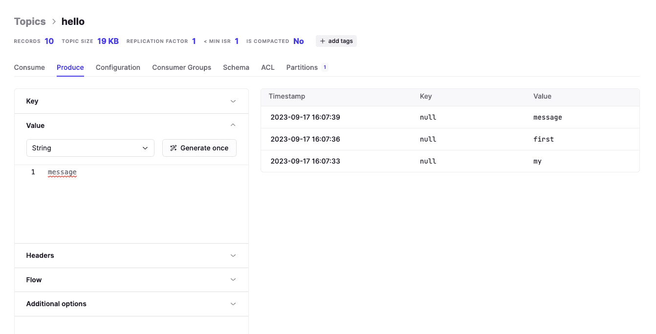 Conduktor Console showing the 'hello' Kafka topic with a few produced records
