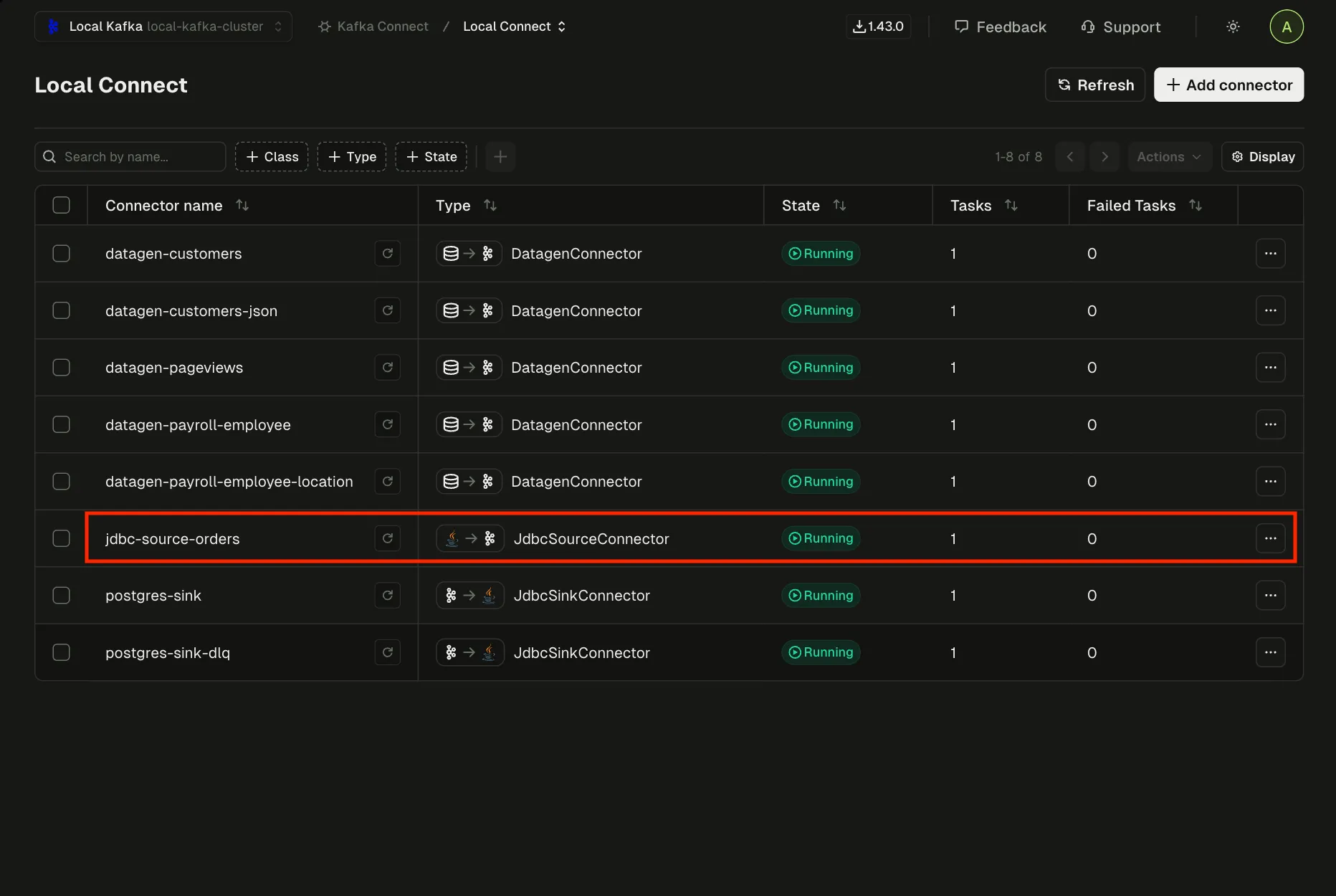 Kafka Connect view in Conduktor Console showing jdbc-source-orders connector running with 1 task and 0 failures