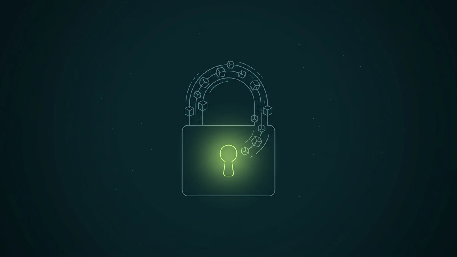 Dark teal wireframe line-art: a single padlock whose curved shackle is formed by a stream of data-packet cubes arcing over it, lit by one soft lime glow at the keyhole.