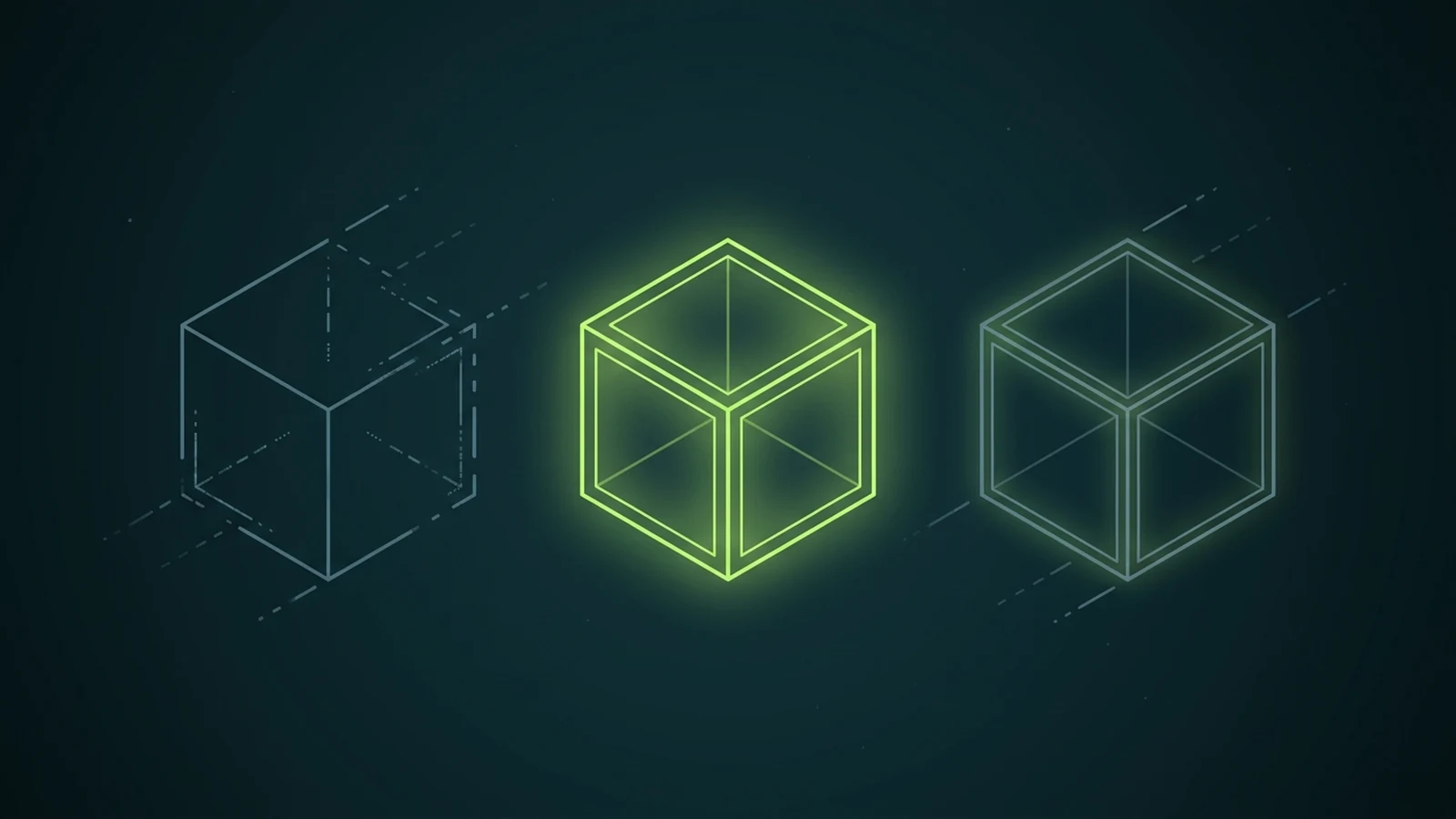 Three isometric wireframe cubes on a dark teal background: a faint dashed draft cube, a solid lime-glowing cube, and a soft grey glowing cube, each a tenant on the same plane