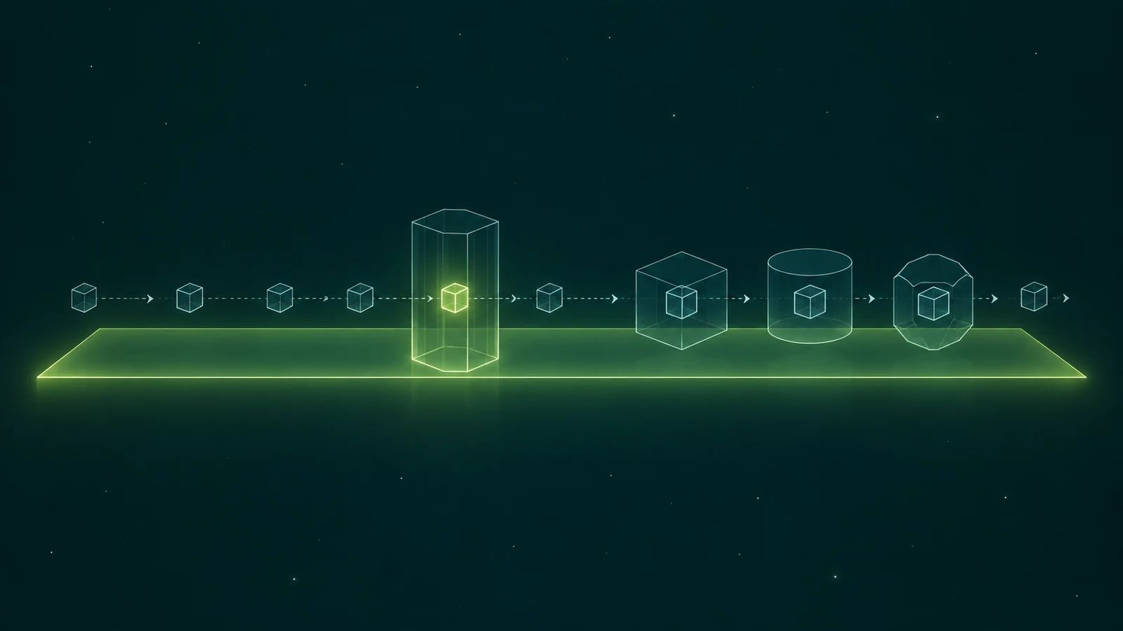 Wireframe line drawing on dark teal: data-packet cubes travel left to right along a dashed line above a glowing lime platform. One cube lights up inside a tall hexagonal column, and later cubes pass through a box, a cylinder and a faceted shell, each enclosing the cube in a different shape.