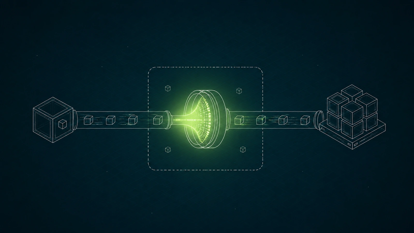 Wireframe line-art on a dark teal background: packet cubes stream left to right along a pipe, passing through a glowing lime funnel inside a dashed boundary, from a single cube on the left to a stack of cubes on a platform on the right.