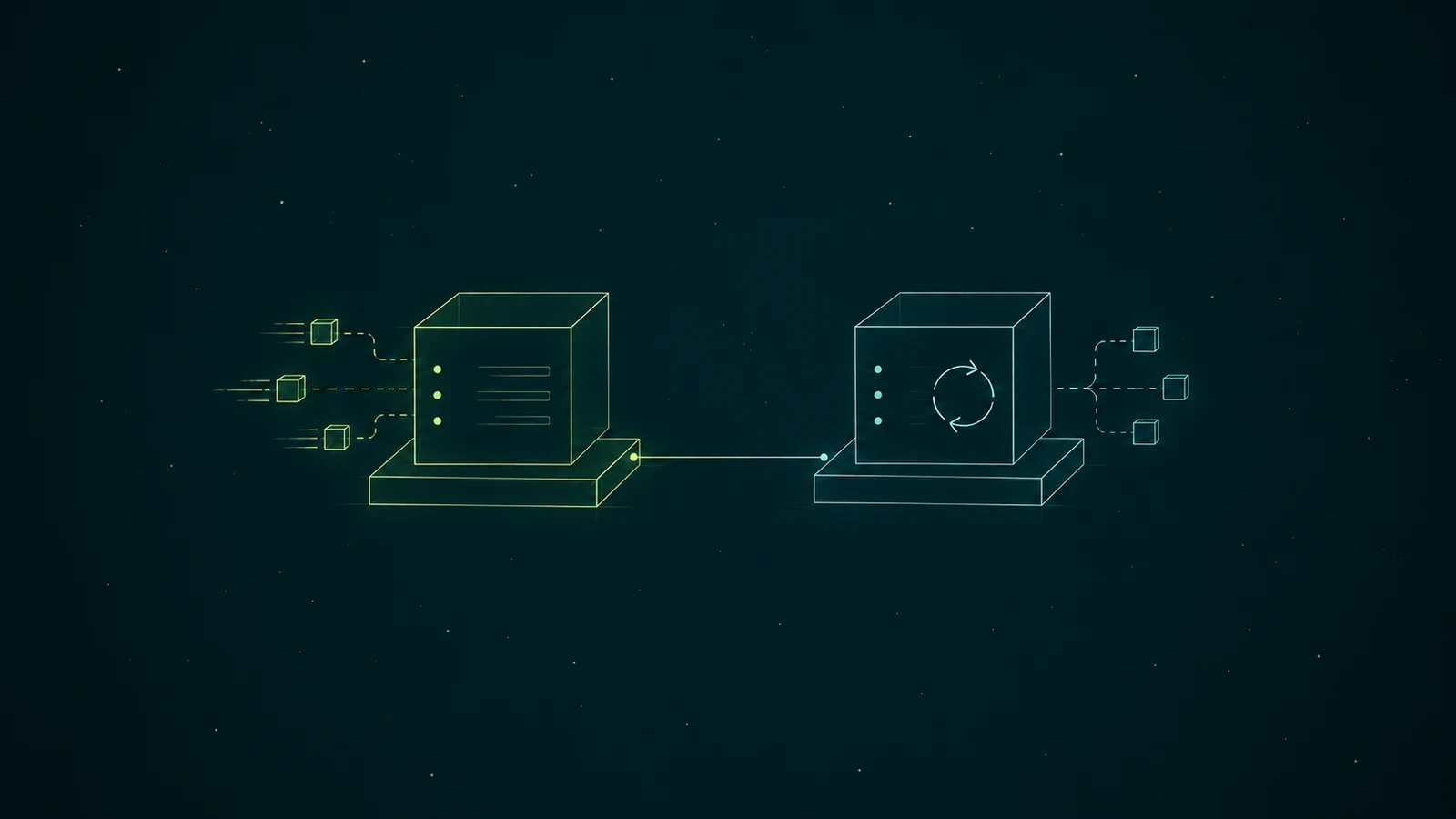 Two wireframe cubes on pedestals side by side on a dark teal starfield, joined by a thin line. Data-packet cubes stream into the left cube, which glows lime and holds three list lines; the right cube, in mist teal, shows a circular reconcile arrow and emits three packets to the right.