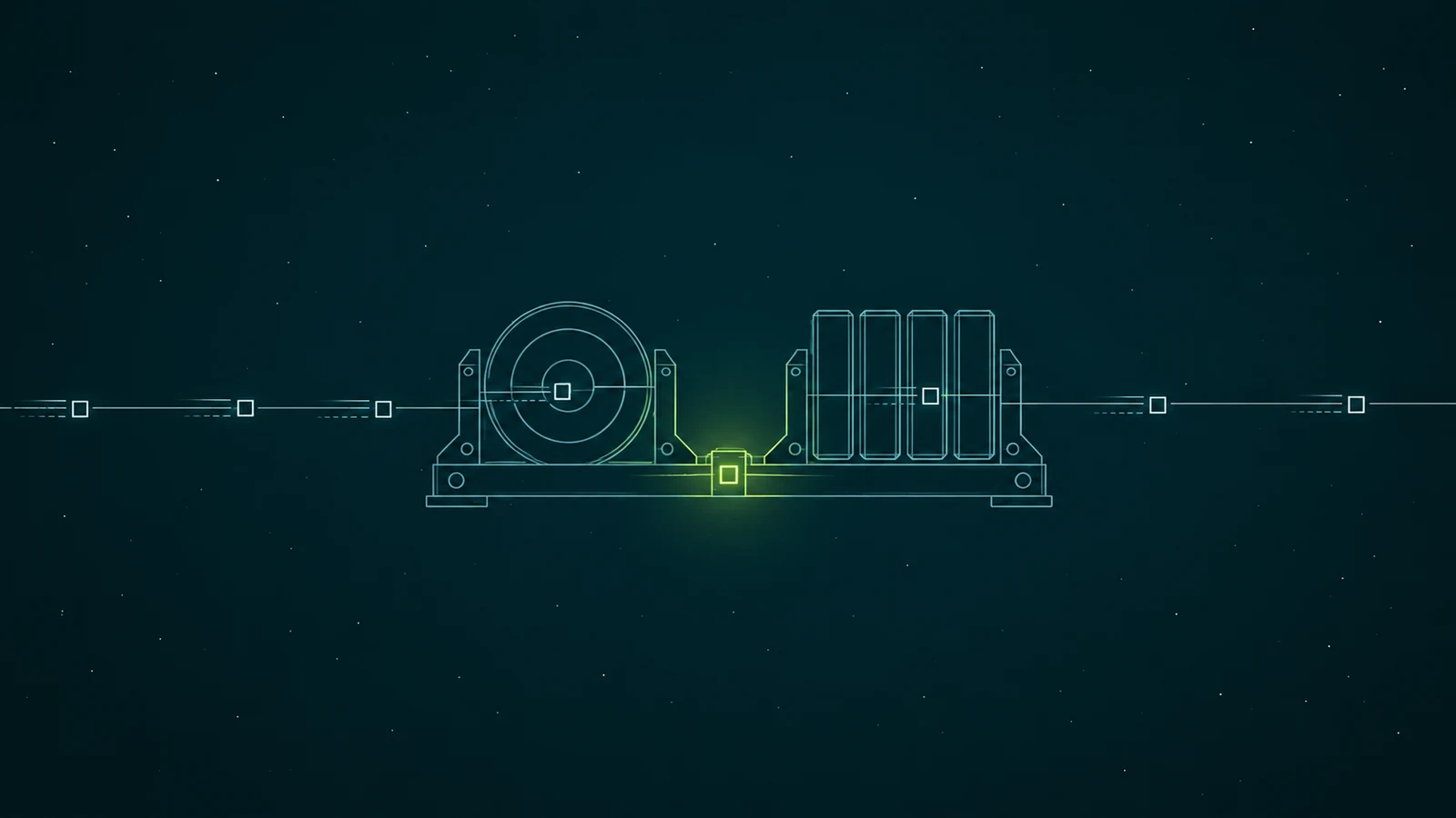 Two different wireframe data engines sit on a shared frame, with packets moving through them and a single lime glow illuminating their common support.