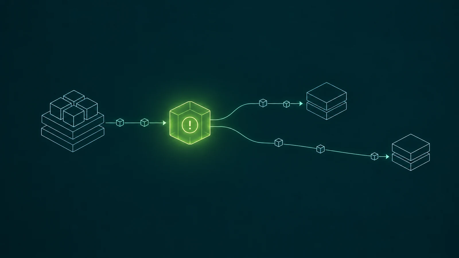 Wireframe line drawing on dark teal: a Kafka cluster sends data-packet cubes into a glowing lime hexagon with an alert symbol, which routes them along two paths to two separate stacks.