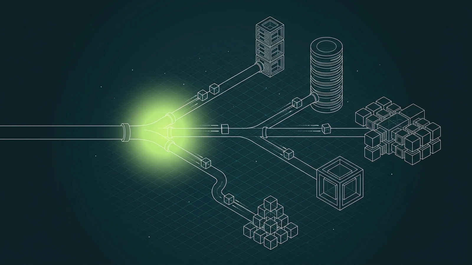 Isometric wireframe: one connection forks at a glowing lime junction into several channels reaching different Kafka broker structures, data packets in flight