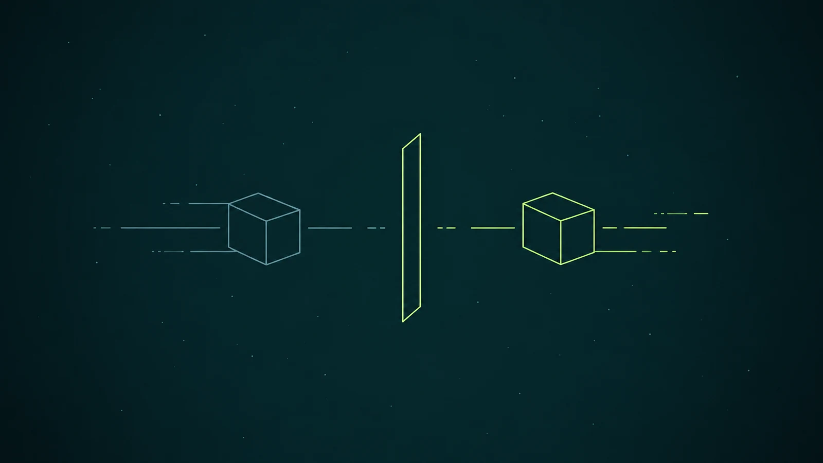 Wireframe line art on a dark teal field. A grey cube streams in from the left toward a thin glowing lime panel standing upright in the centre; on the far side a lime cube continues on the same line to the right.