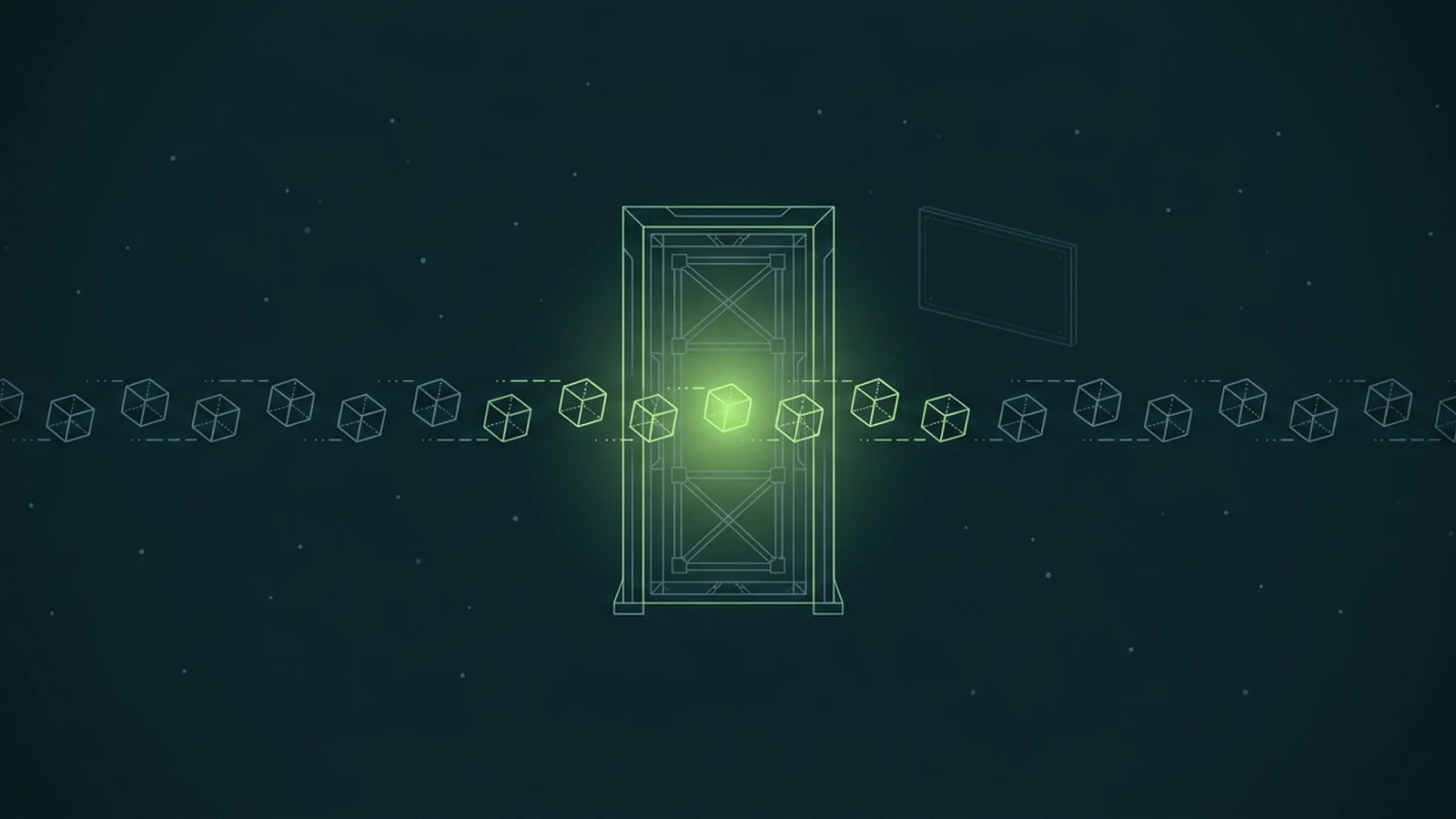 Wireframe line-art on a dark teal background: a horizontal stream of data-packet cubes flows left to right through one central gate lit by a single lime glow that catches the cubes passing through it, while a dim rectangular rule-panel floats off to the side, bypassed and unlit.