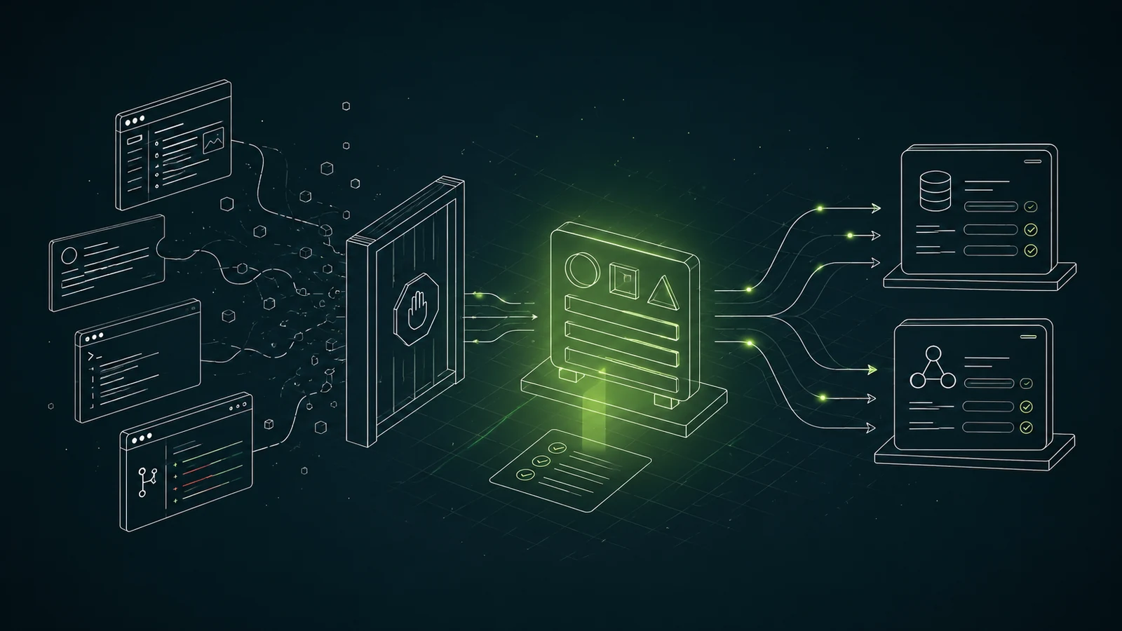 Isometric wireframe scene: messy app configs on the left pass through a stop-hand gate, then a glowing lime template standardizes them into vetted, checkmarked outputs on the right.