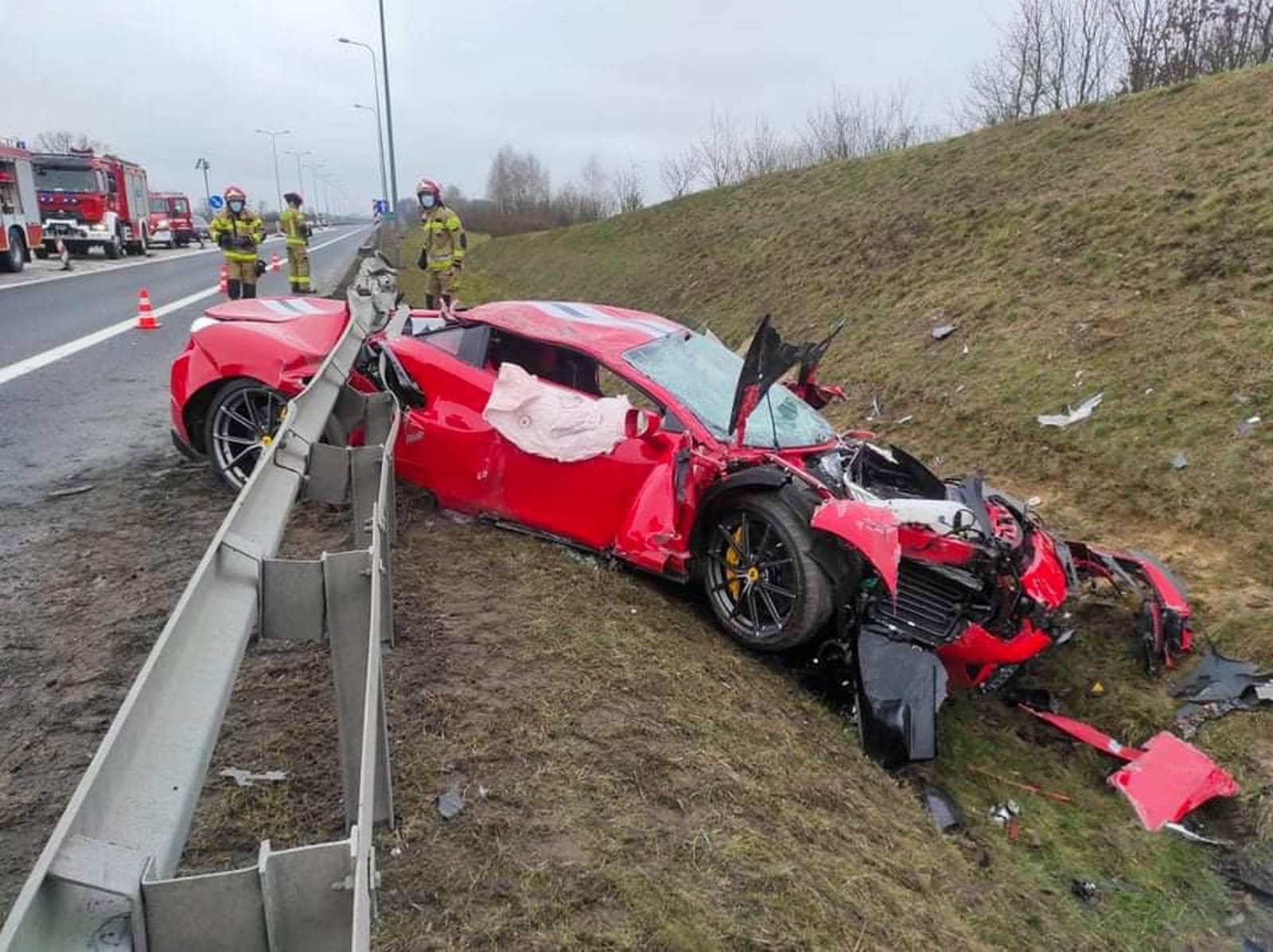 Crashed Ferrari 488 Pista on a wet road, used as a metaphor for unmanaged Kafka deployments losing control