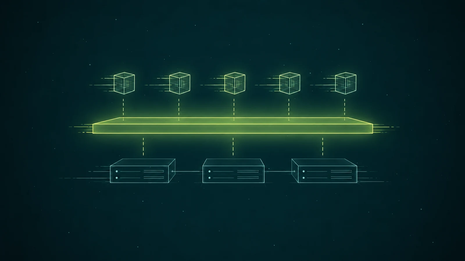 Five wireframe cubes hover in a row above a single glowing lime slab, each tethered to it by a dashed line. Below the slab, three wireframe server units sit in a row, connected to it by their own dashed lines, on a dark teal field.