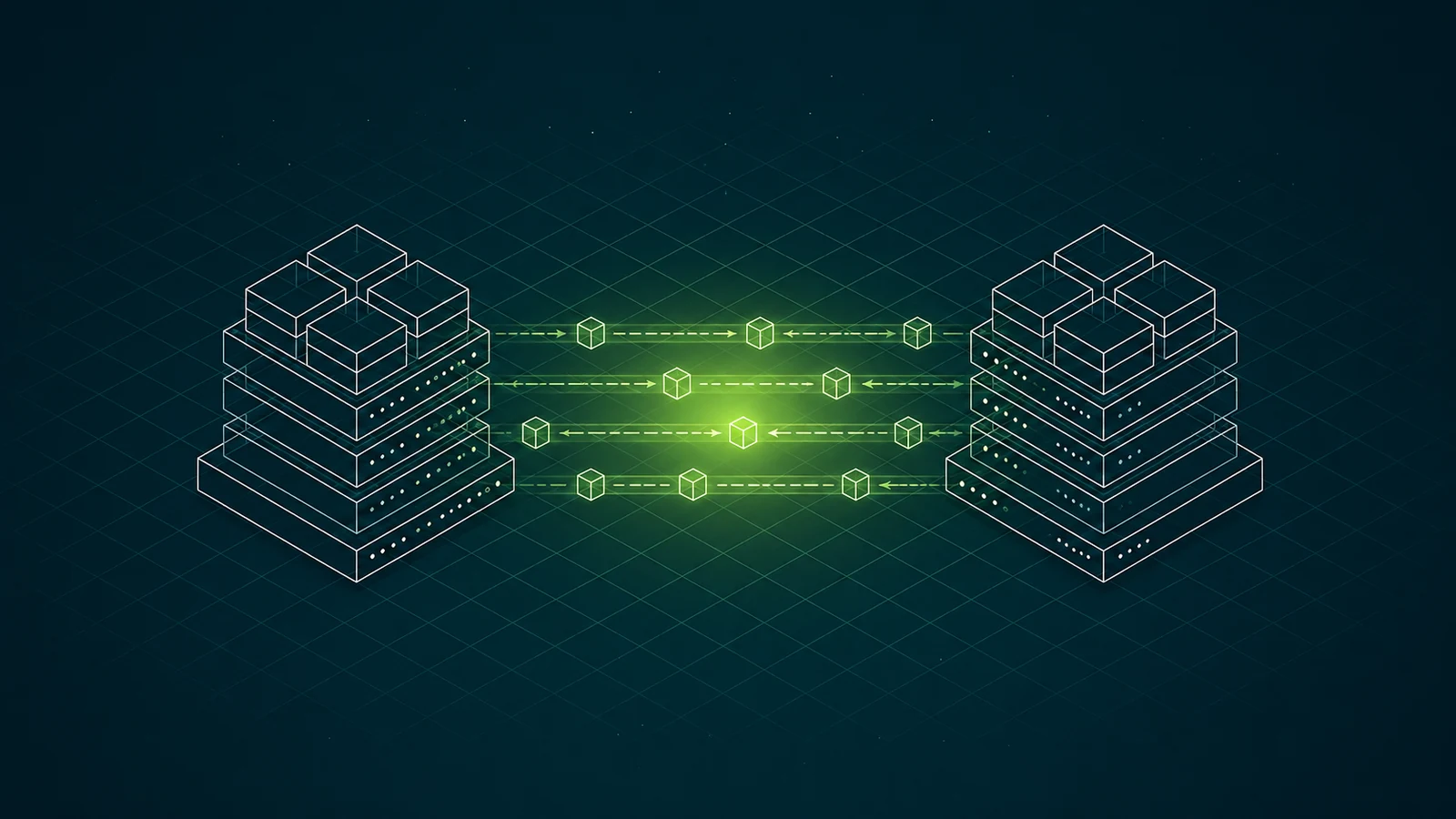 Two isometric wireframe server stacks on a dark teal grid, exchanging streams of data-packet cubes through a glowing lime light between them